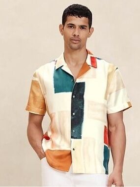 BANANA REPUBLIC Lyam Silk Resort Shirt Blue Print